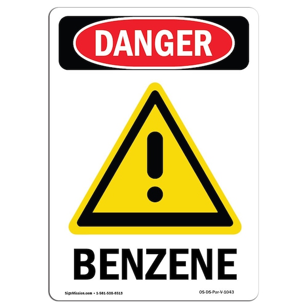 Safety Sign, OSHA Danger, 5" Height, Benzene, Portrait, 10PK